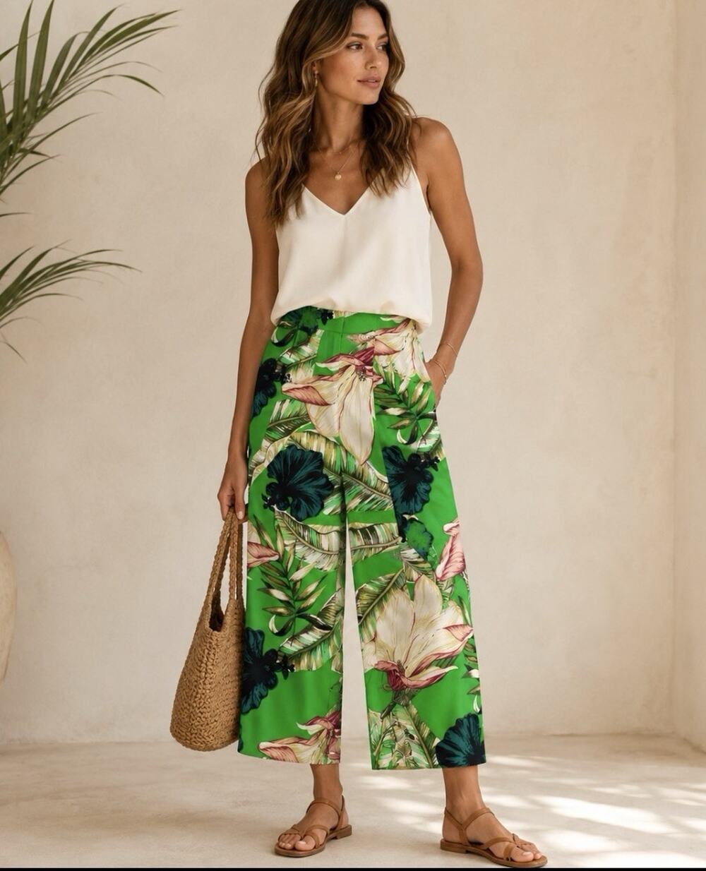 Ann Taylor Womens Green Tropical Wide Leg Pants Size 10 High Rise Resortwear